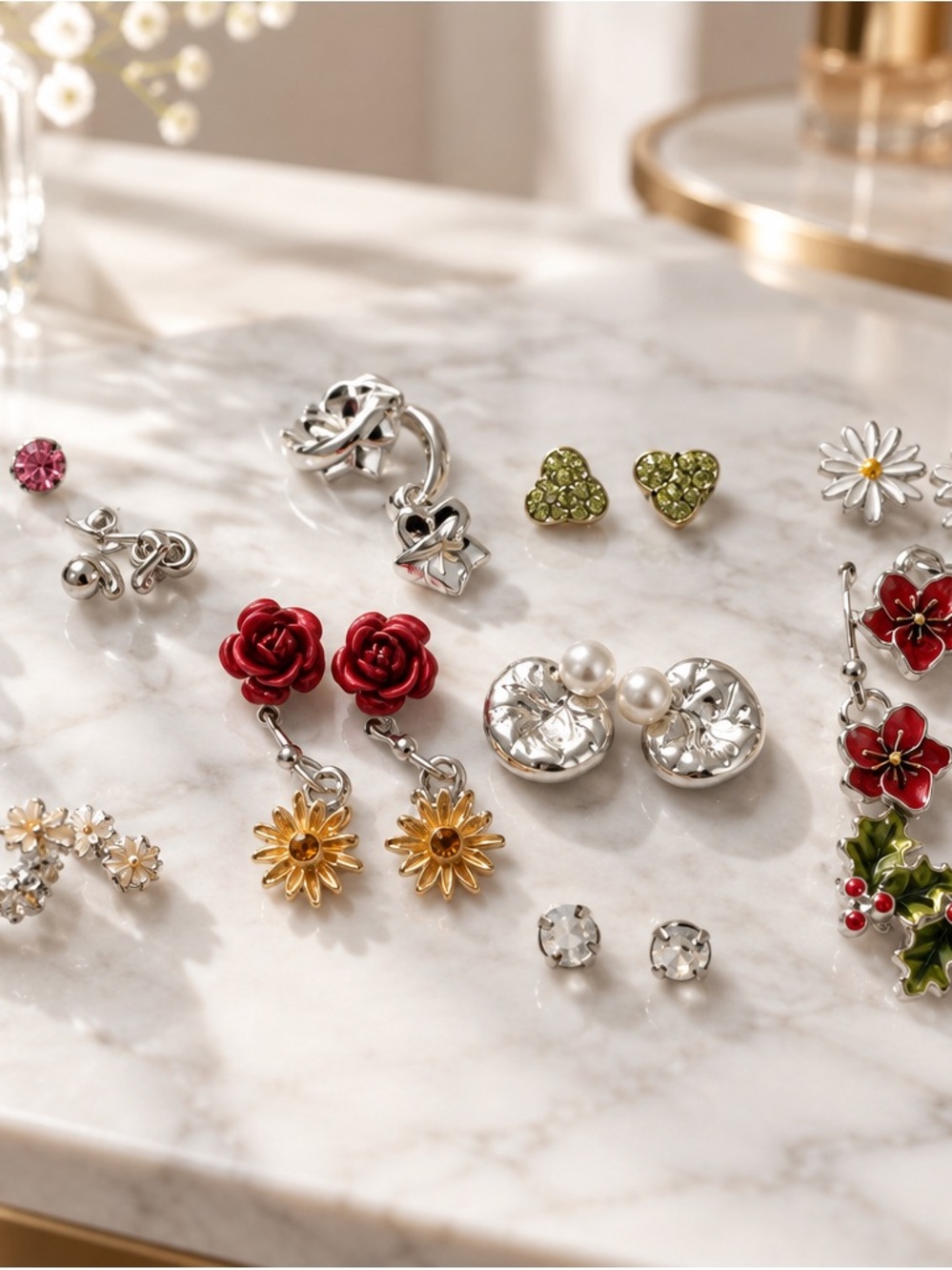 Avon Multicolor Floral and Pearl Earring Set - Red, Gold, Green, Silver